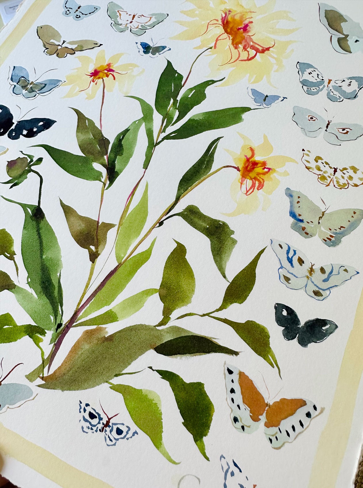 Bordered Botanical: Dahlia and Butterflies