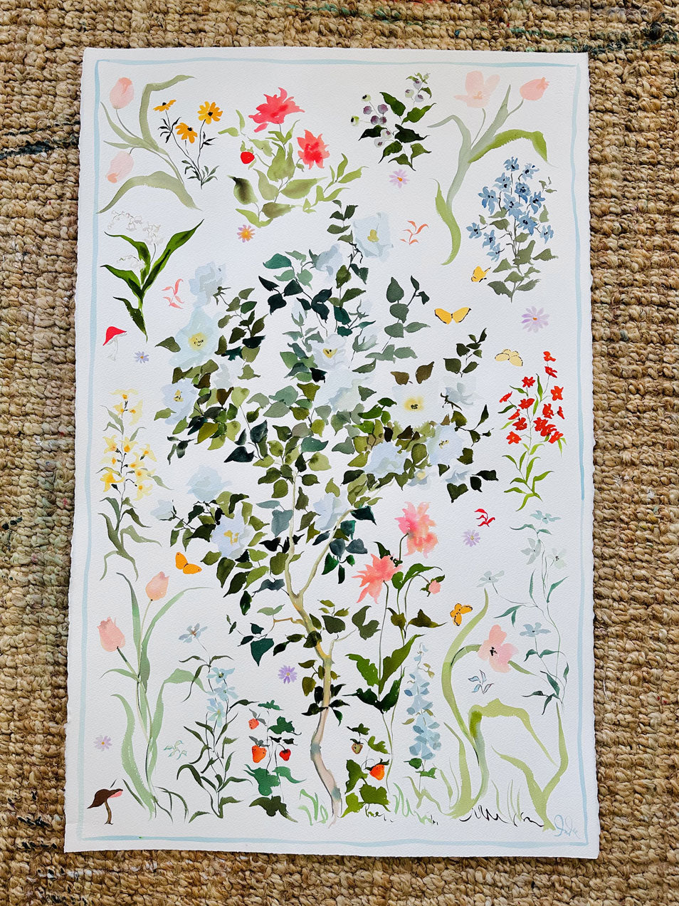 Garden with berries and blue roses