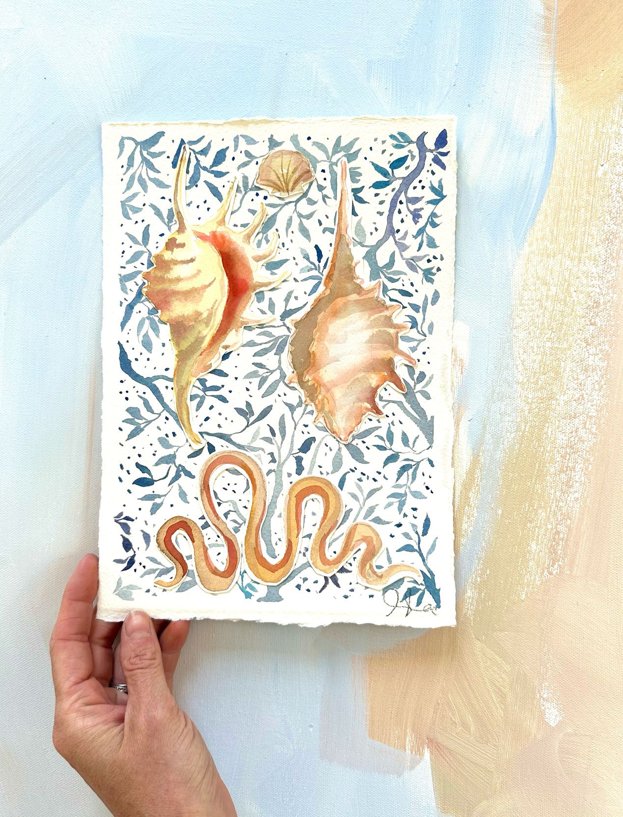 Shell Collage on Blue Botanical