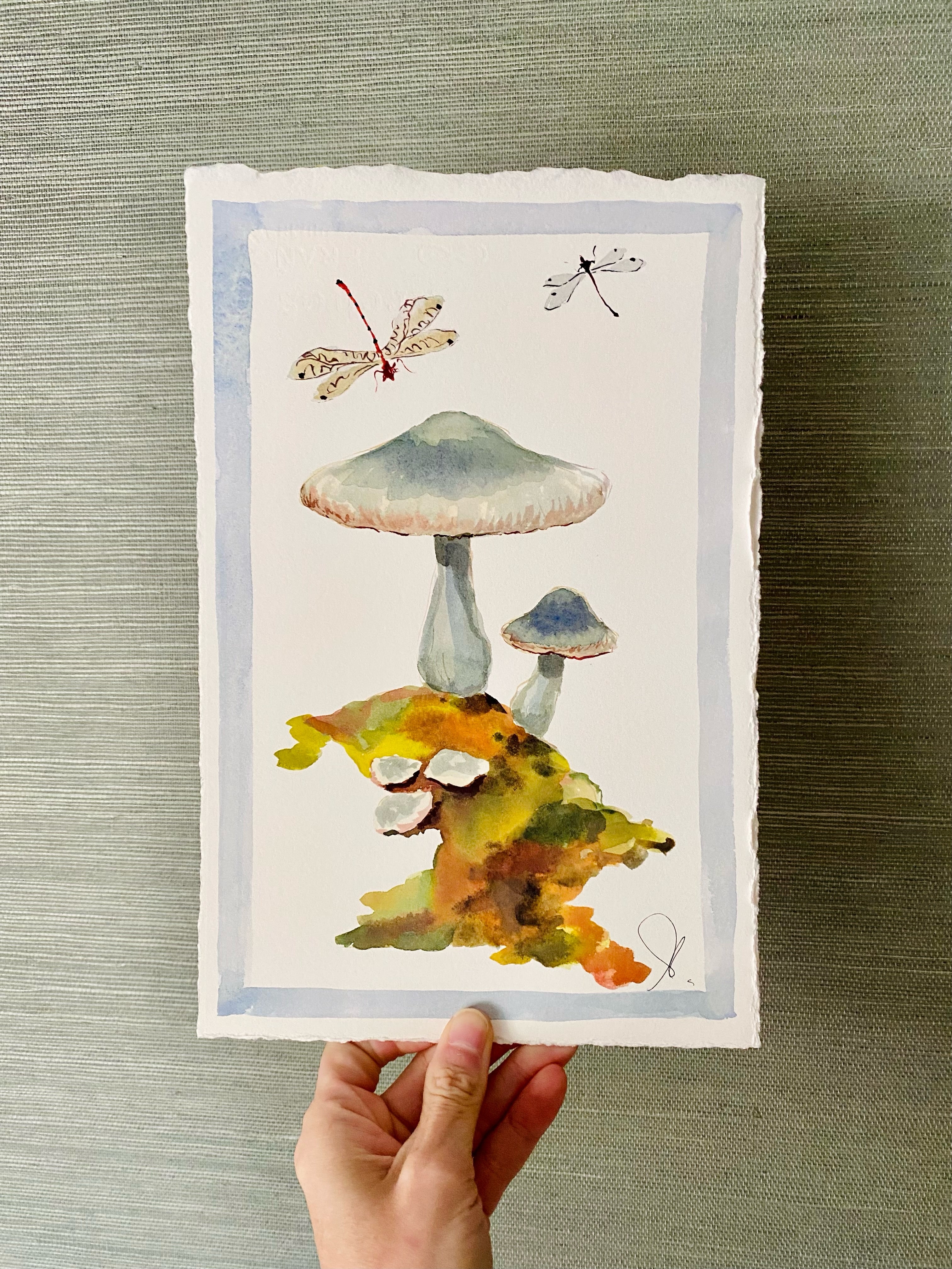 Blue Mushrooms and Dragonfly