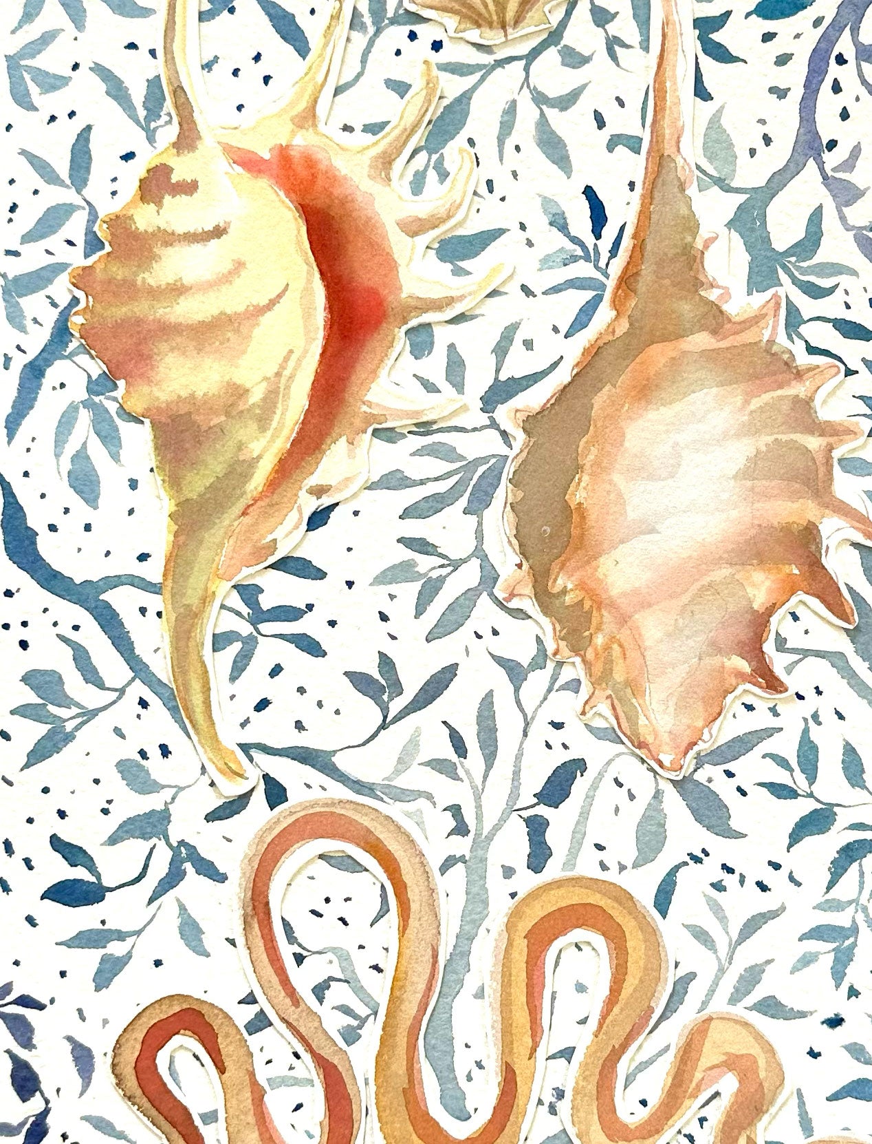 Shell Collage on Blue Botanical